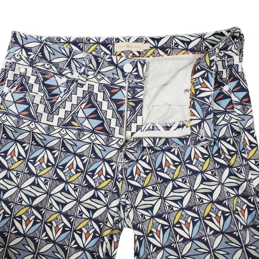 Tory Burch Geometric Floral Mosaic Straight Leg Pants Womens 31 Acoma Jeans Boho - Picture 3 of 14